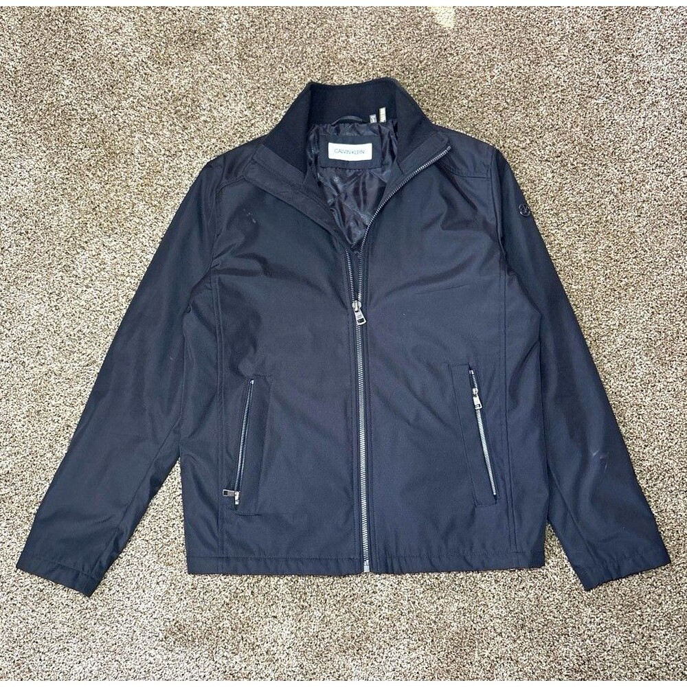 Calvin Klein Mens L Black Jacket Stand-Up Collar Full Zip Lined Zip Pockets